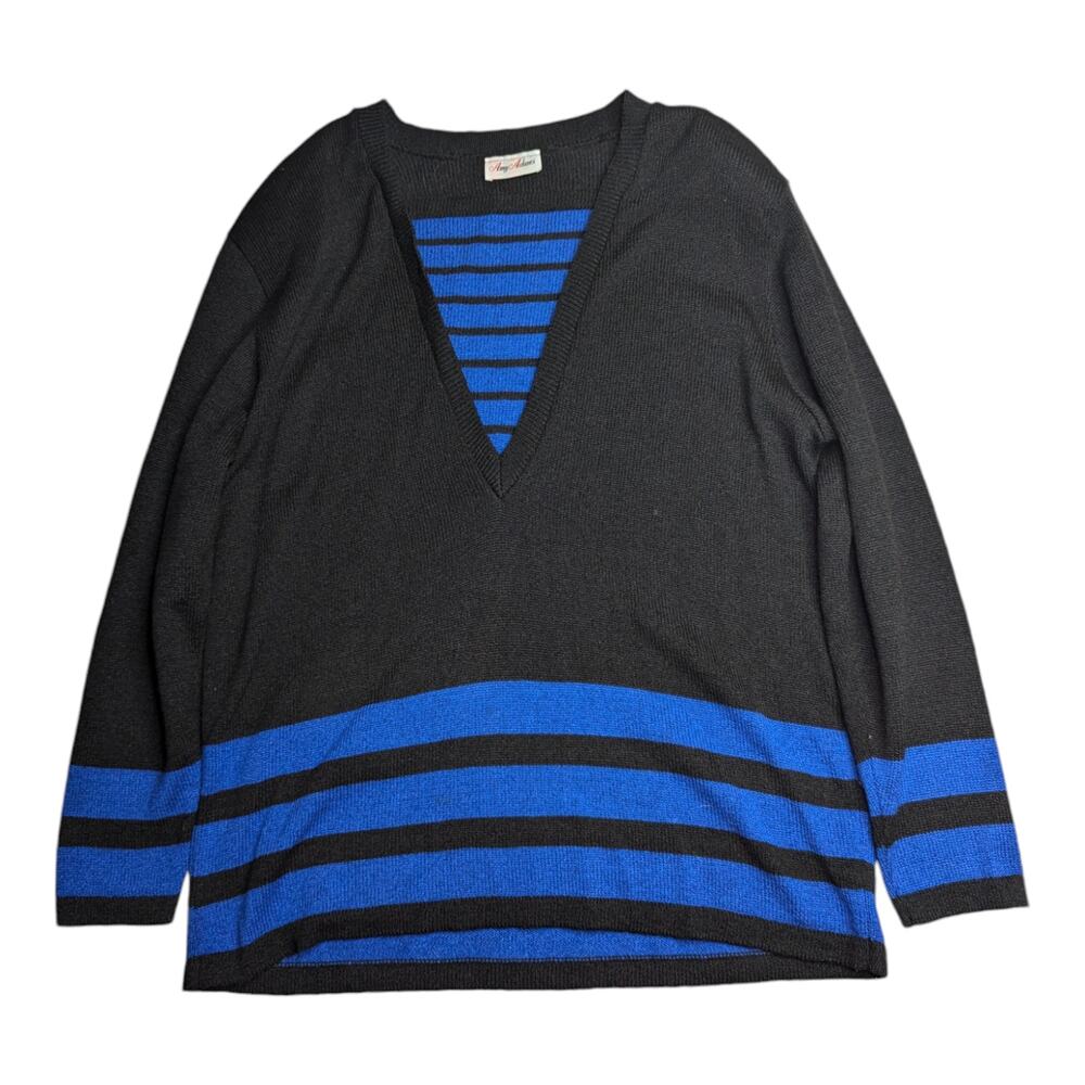 Vtg 1980s Amy Adams Black Blue Nautical Striped Layered Look Pullover Sweater L
